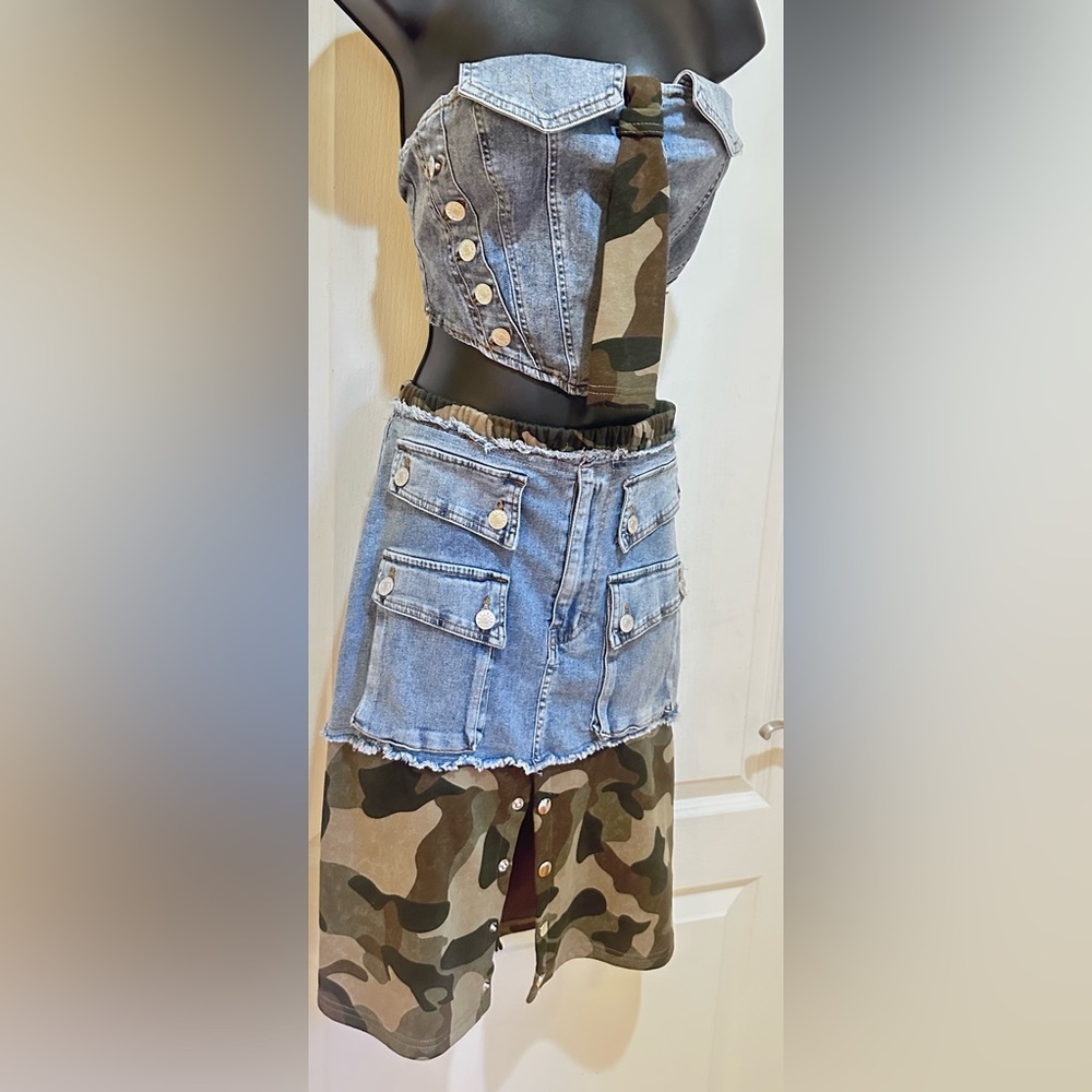 Upcycled Camouflage and Denim Skirt set size L - Picture 5 of 7